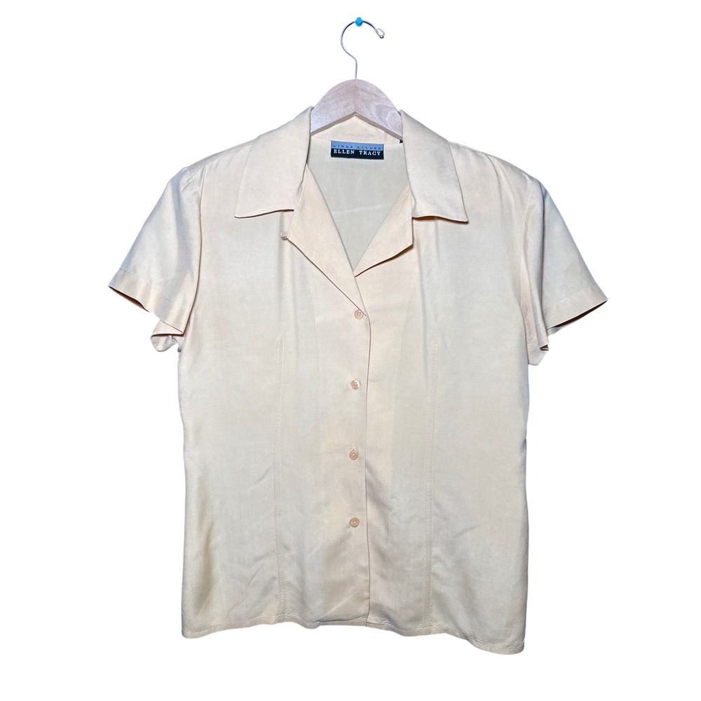 Linda Allard Ellen Tracy Vintage 90s Silk Button Down Blouse Peach Tan Size 4